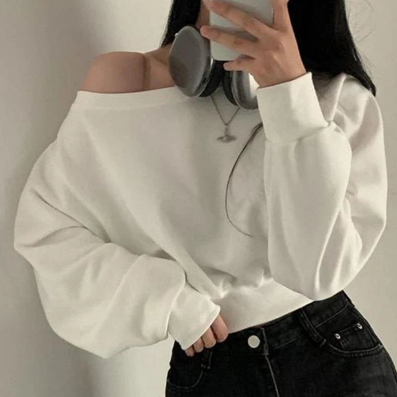 1PCS Women's Sweatshirts Loose Streetwear Off-shoulder Hoodie Casual Cropped Sweatshirt Simple Cropped Sweatshirt Female Clothes